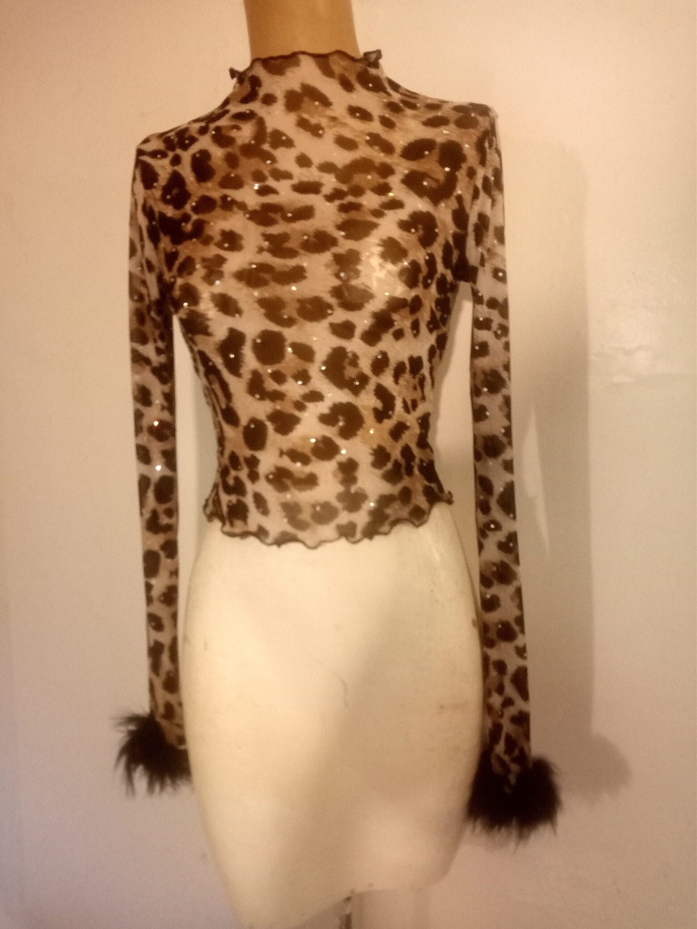 Fashion Nova Brown Leopard-Print Mesh Top with Feather Cuffs